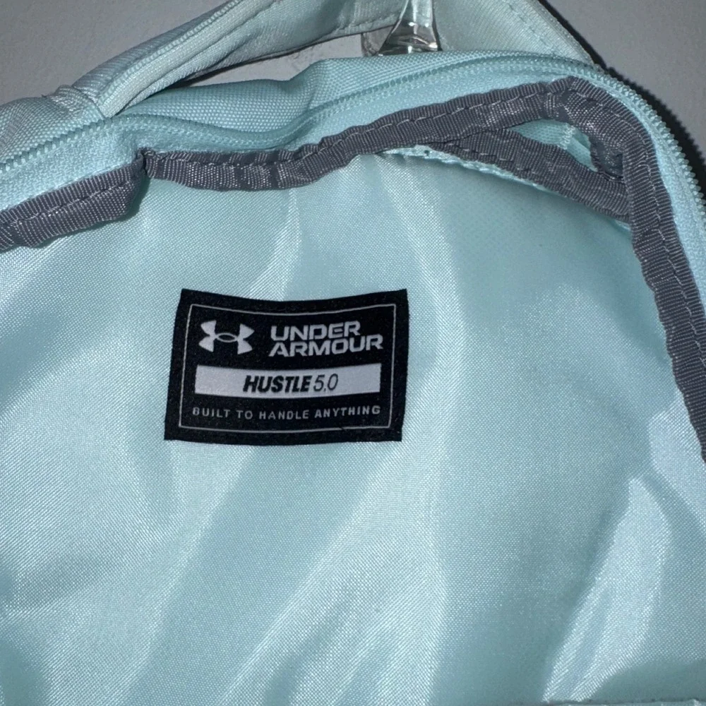 Under Armour Hustle 5.0 Backpack Light Blue Rose Gold UA Storm School Gym Bag